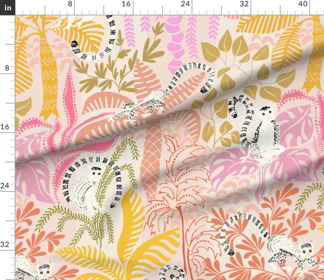 Whimsical Jungle Safari Zoo Animals Lemur Monkey Adventure Colorful Tropical Plants Palm Tree Monstera Leaves Rainforest Ring Tailed Custom Printed Fabric by Spoonflower Various Fabrics by the Yard or Fat Quarter